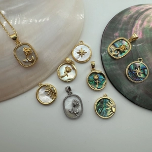 Retro Flower Star Sun Pendant Charms 18K Gold Plated Copper Natural White Shell Abalone For DIY Jewelry Making