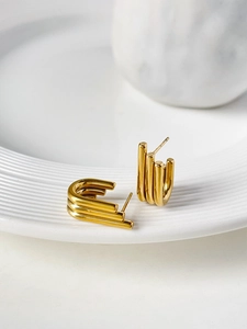 Detail shot of 18K gold plated stainless steel triple layered U-shaped earrings
