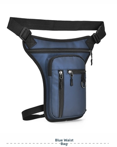 Close-up of blue waterproof tactical drop leg bag with multiple zipper compartments