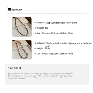 Detailed specifications for tiger eye and pearl necklaces with copper and steel material