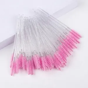 50pcs disposable eyelash brushes with pink spiral heads and clear glitter crystal handles