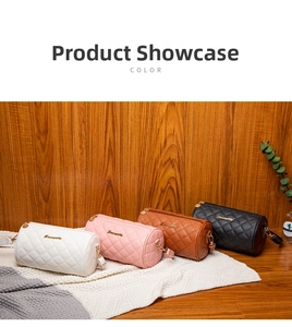 Close-up of four quilted cylinder bags in white pink brown and black with gold logo