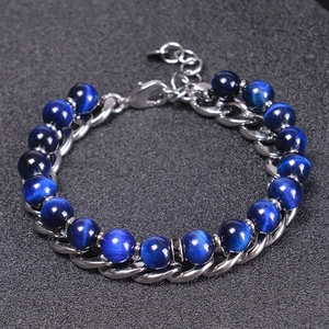 Bracelet Homme Multicouche Chaîne En Acier Inoxydable Et Perles D'oeil De Tigre Naturelles Bijoux Punk
