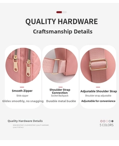 Detail of pink nylon bag with gold hardware, quilted pattern, and adjustable straps
