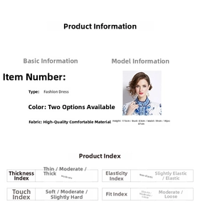 Detail view of dress specifications, fabric details and size chart for floral midi dress