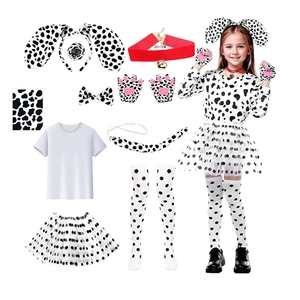 Kids Dalmatian dog costume set with headband, collar, tutu skirt and spotted socks