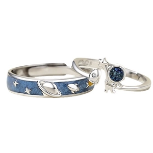 Astronaut couple rings in 925 sterling silver with blue enamel and star pattern