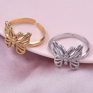 Chic butterfly rings in gold and silver stainless steel with adjustable open band design