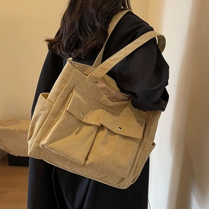 Khaki corduroy tote bag with dual front pockets for women's casual daily commute