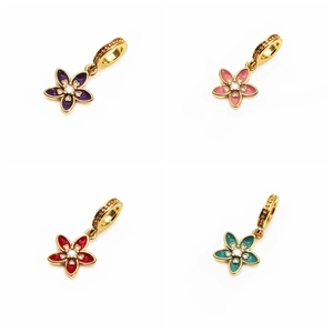 Detailed grid view of four gold-plated flower charms with colorful enamel inlay petals