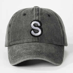 Unisex vintage washed cotton baseball cap with embroidered S letter and adjustable strap