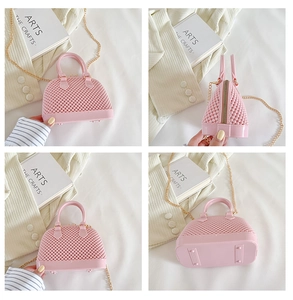 Detail shots of pink PVC jelly shell bag featuring grainy texture and gold hardware