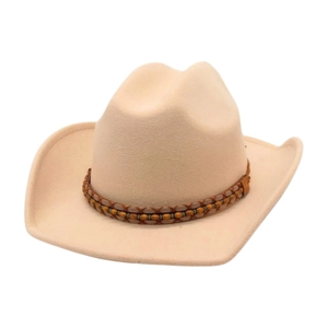 Detail of beige felt cowboy hat featuring a leather band with colorful beaded accents