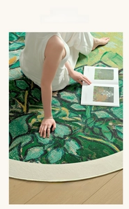 Artistic round rug with oil painting texture shown in a cozy living room reading setting