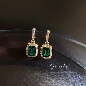 Emerald Cut Green Gemstone Drop Earrings With 925 Sterling Silver Earring Post Alloy Rhinestone Vintage Geometric Jewelry