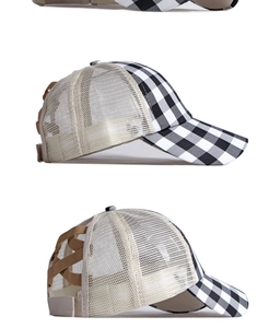 Detail of checkered baseball cap with breathable mesh and elastic high ponytail opening