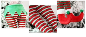 Detail of plush elf legs for Christmas tree with red-green stripes and sequin boots