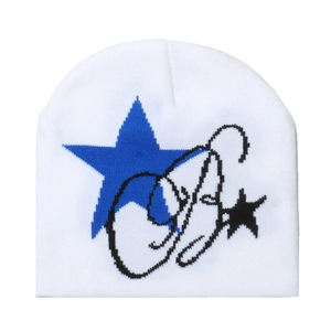 Winter knit beanie with blue star jacquard pattern and artistic line design for outdoors