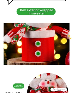 Close-up of red knitted Christmas snowman candy jar with white buttons and plaid scarf