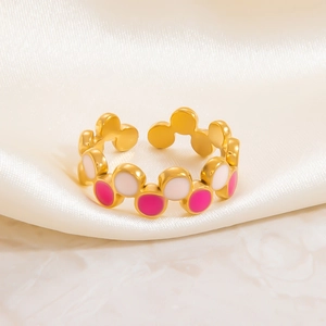 Elegant 18k gold plated stainless steel ring with pink and white enamel dots on silk
