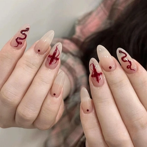 Almond Press On Nails Long Dark Red Snake Cross Pattern Nude Pink Artificial False Nails With Adhesive Glue
