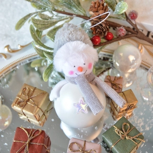 Charming snowman Christmas tree ornament with gray plush hat and sparkling laser star decoration