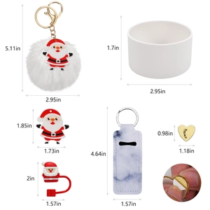 Detailed dimensions of Christmas tumbler accessory set including Santa straw cover and boot