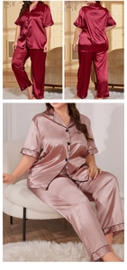 Detail of silk satin pajama sets with contrast piping and button-down shirts