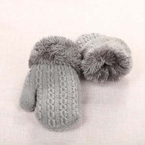 Gray double-layer knit mittens for toddlers with faux fur cuffs and neck string