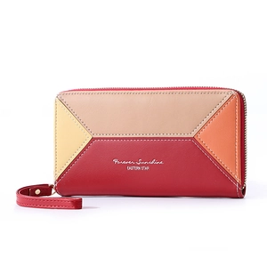 Multi-slot patchwork long zipper wallet for women with detachable wrist strap