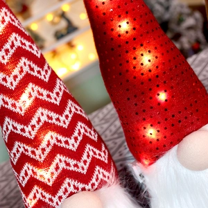 Close-up of lighted Christmas gnome hat with sequins and knitted texture details