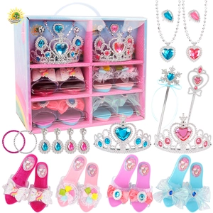 Detailed 22-piece princess dress-up set with jewelry crowns and high heels in a gift box