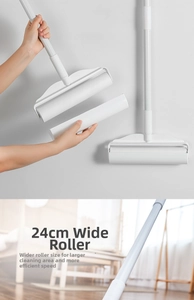 Detail of 24cm wide sticky lint roller with long handle for floor and pet hair cleaning