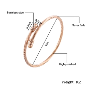 High polished rose gold stainless steel cable wire cuff bracelet with 6cm inner diameter