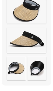 Detail of wide straw visor with black edge, adjustable strap, and C-logo detail