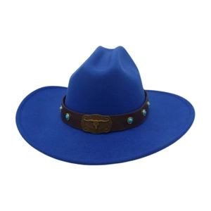 Detail of blue wool felt cowboy hat with leather band, turquoise studs and bull head buckle