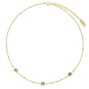 Elegant 18K gold plated stainless steel necklace featuring three square green zirconia gems