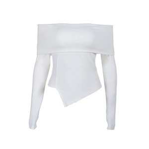 White off-shoulder long sleeve rib-knit top with stylish asymmetric hem design