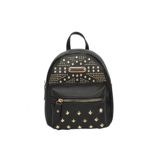 Mini black PU leather punk backpack with golden studs, rhinestones and headphone port