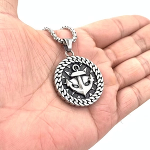 Vintage stainless steel viking compass anchor pendant necklace for men in silver finish