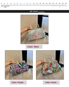 Detailed view of vintage floral kiss-lock bags with elegant gold metal handles and chains