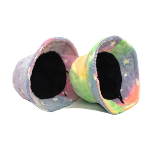 Plush tie-dye bucket hat with rainbow colors and white star pattern for winter