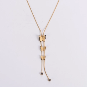 Golden double-layer butterfly necklace featuring matte wings and delicate snake chain tassels