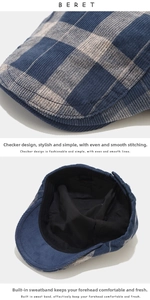 Detailed macro of vintage plaid beret showing corduroy texture and inner sweatband