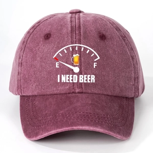 Burgundy washed cotton baseball cap with I NEED BEER print and fuel gauge graphic