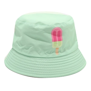 Detail of light green bucket hat for kids with a cute cartoon popsicle print for summer