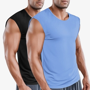 Men's athletic quick-dry muscle tank top in black and light blue for gym workouts