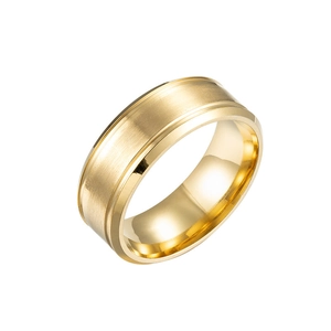 Detailed view of 8mm gold brushed stainless steel ring with polished beveled edges