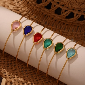 18k gold plated stainless steel open bangles with teardrop Czech glass in six colors