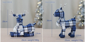 Close-up of blue plaid reindeer plush dolls with knit scarves for Christmas decor